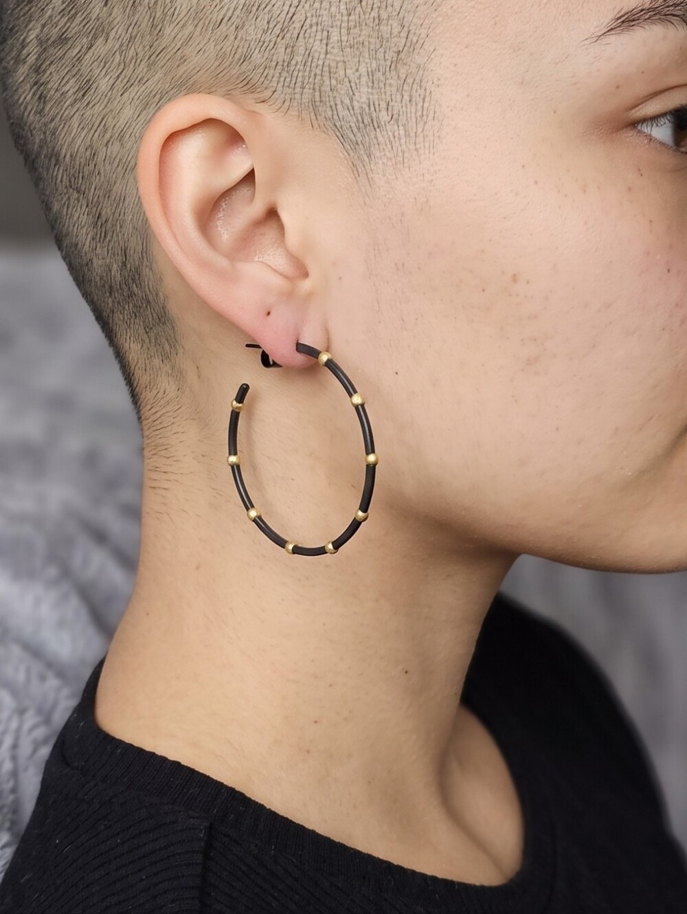 Freida Rothman Sterling Black and Goldtone Hoop Earrings - Women Jewelry